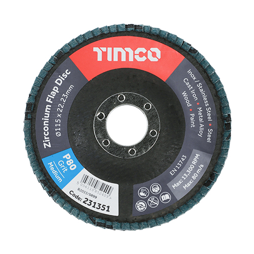 115 x 22.23mm Set of Flap Discs - Zirconium - Type 29 Conical - P80 Grit (Pack of 10)