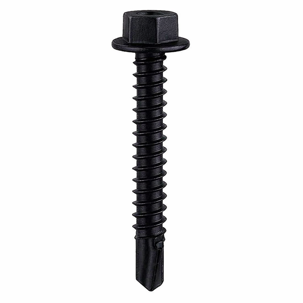 Evolution 5.5 x 100mm Hex Head Tek Screws BMHH5.5-100-5 - TEK5 Screw for Heavy Steel Section 4.0mm to 12.5mm in BLACK A2 BiMetal