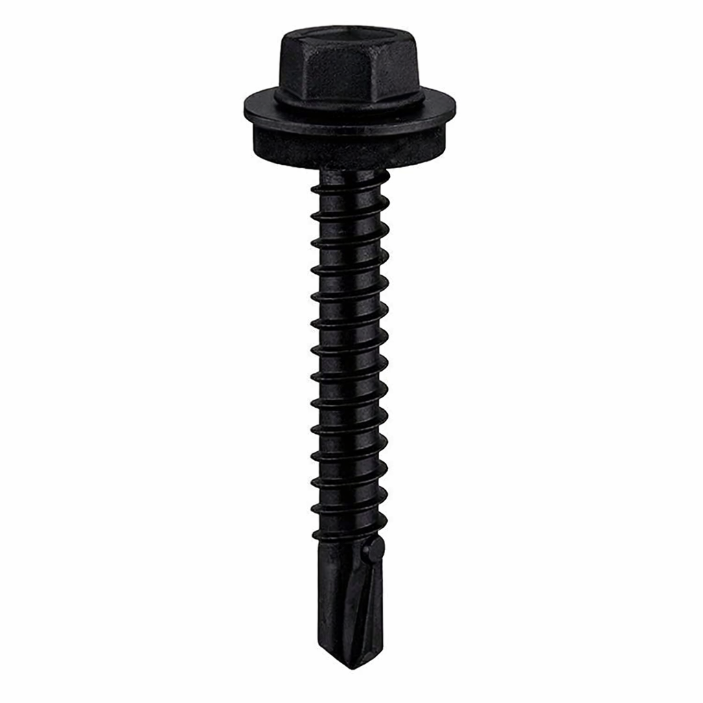 Evolution 5.5 x 100mm Hex Head Tek Screws BMBW5.5-100-3 - TEK3 Screw + Washer for Light Steel Section 1.2mm to 3.5mm in BLACK A2 BiMetal