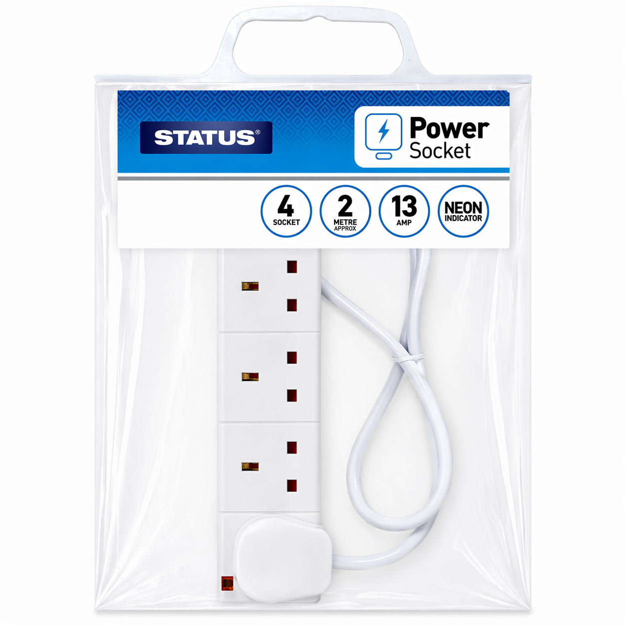 4 Gang Electrical Power Extension Socket Lead with Neon Indicator - 2 Meter